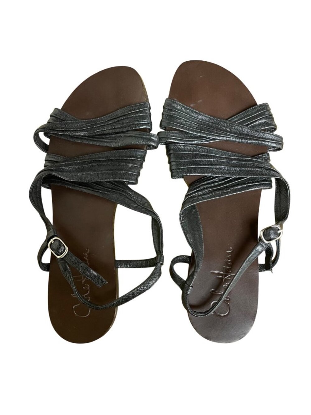 Cole Haan Leather Criss Cross Ankle Strap Flat Sandals Black Brown Sz 7.5